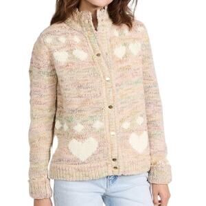 Nwot LOVESHACKFANCY Cardigan M Pink White-Hearts Gold-Snap-Up Wool Cotton Pocket